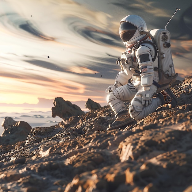 Photo a astronaut is sitting on a rocky hill with the sky in the background