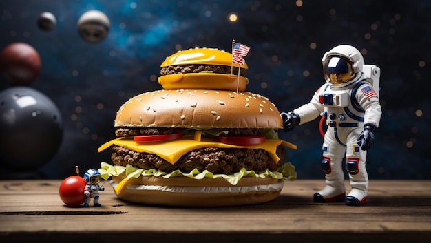 An astronaut is standing next to a large cheeseburger There is another astronaut on top of the burg