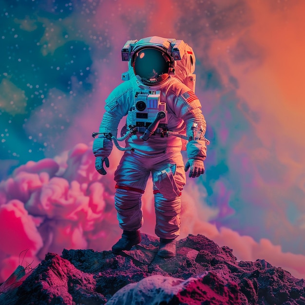 a astronaut is standing on a rock with a space suit on