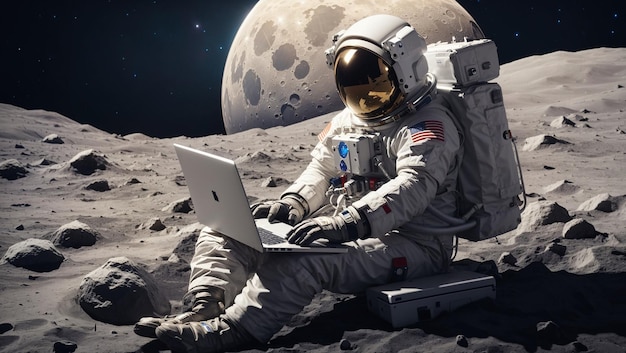 an astronaut is using a laptop and is using a laptop