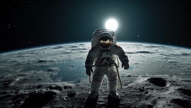 An astronaut is walking on the moon background