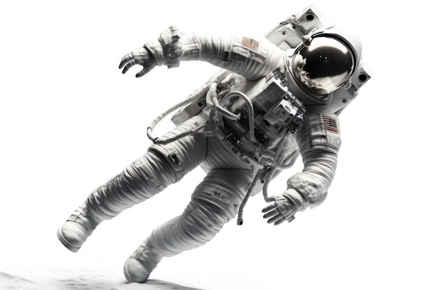 An astronaut is in a white space suit and has a white background.