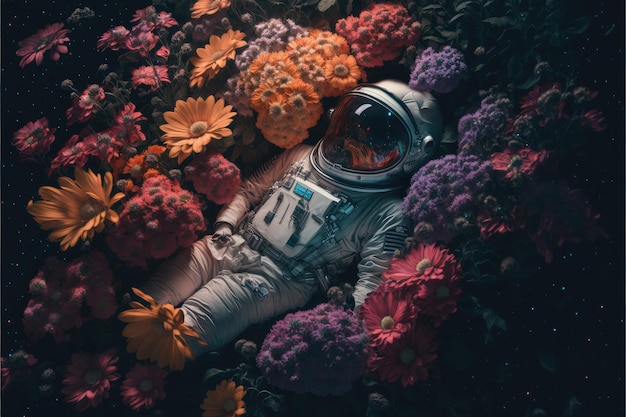 Astronaut laying in the colorful flower garden with top view