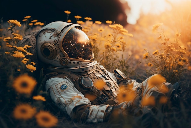 Astronaut lies in flower field astronaut in spacesuit astronaut rests in middle of flower field