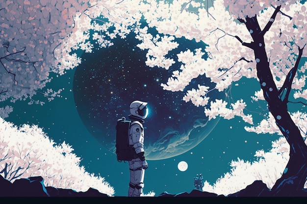 An astronaut looking at a cherry blossom tree