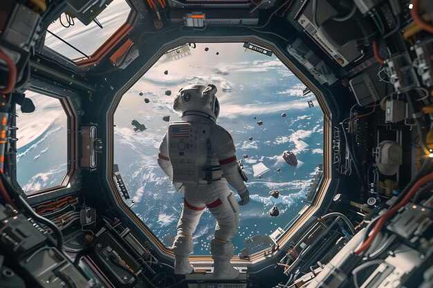 Photo astronaut looking out of space station window at earth