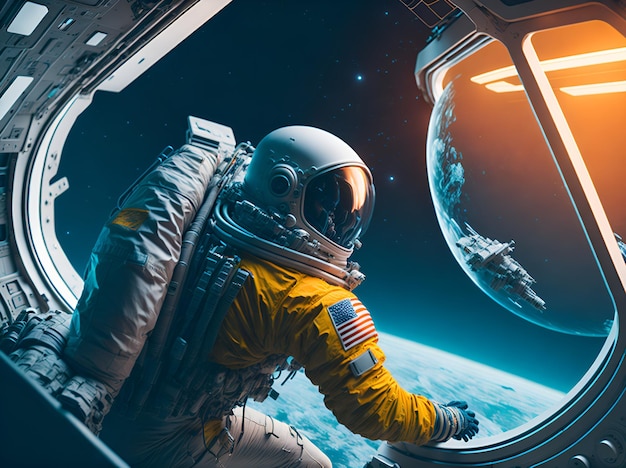 An astronaut looking out of a window in space Ai generative