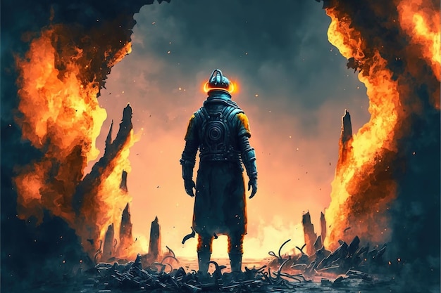 An astronaut looks at the ruins of an abandoned city The man in space suit standing on foundry ruin looking at tentacle aliens Digital art style illustration painting