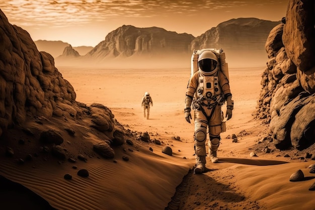 Astronaut on Mars surrounded by the planet's rugged terrain and vast red sky Generative AI