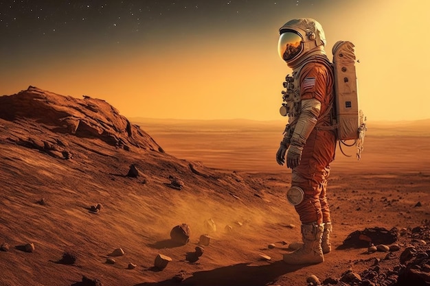 Astronaut on Mars surrounded by the planet's rugged terrain and vast red sky Generative AI