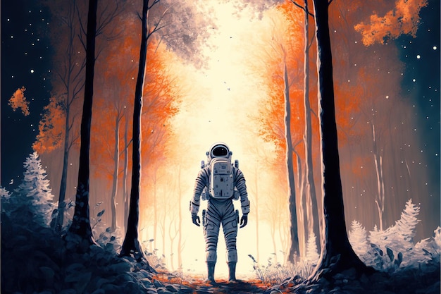 The astronaut in the middle of the autumn forest and looking at the strange light in his hand digital art style illustration painting fantasy concept of an astronaut if the forest