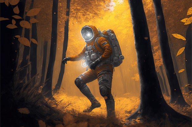 The astronaut in the middle of the autumn forest and looking at the strange light in his hand digital art style illustration painting fantasy concept of an astronaut if the forest