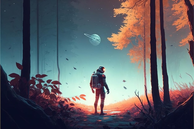 The astronaut in the middle of the autumn forest and looking at the strange light in his hand digital art style illustration painting fantasy concept of an astronaut if the forest