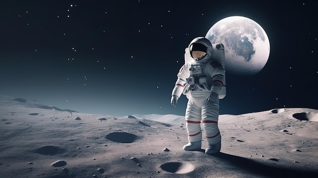 Astronaut on the moon stands on the background of space