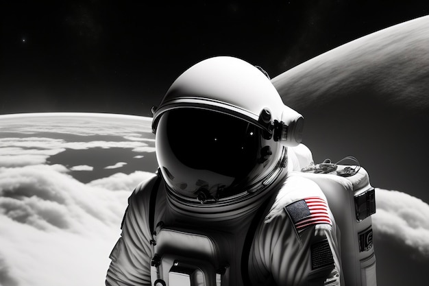 An astronaut on the moon with the american flag on his helmet.