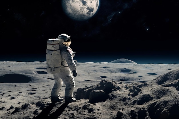 Astronaut on the moon with the moon in the background