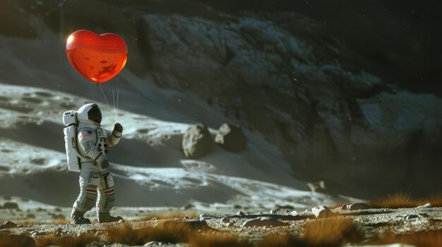 Photo an astronaut on the moon with a red heart balloon astronaut on another planet with a heart in his hand