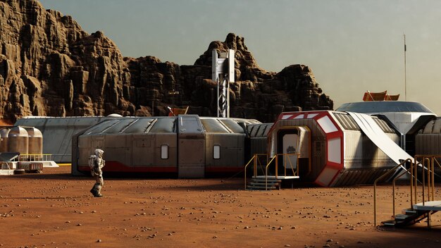 Photo astronaut near a martian colony with habitat modules and a rocky cliff under a hazy sky 3d render