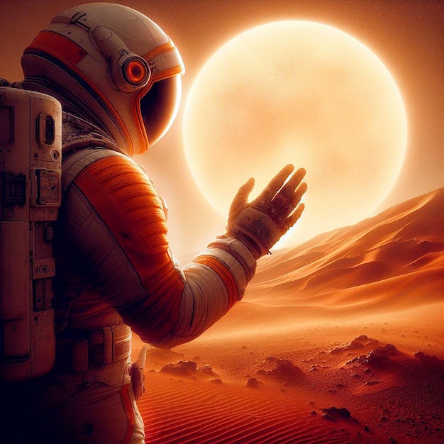 Astronaut observing the sun from Mars at sunset 3D illustration