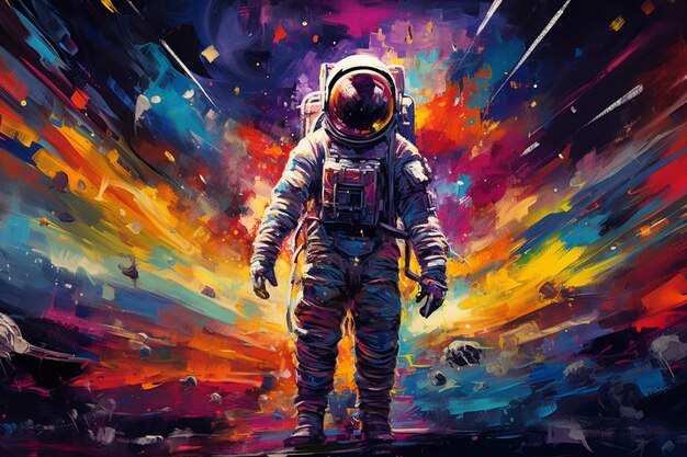 Astronaut in open colorful space mixed media