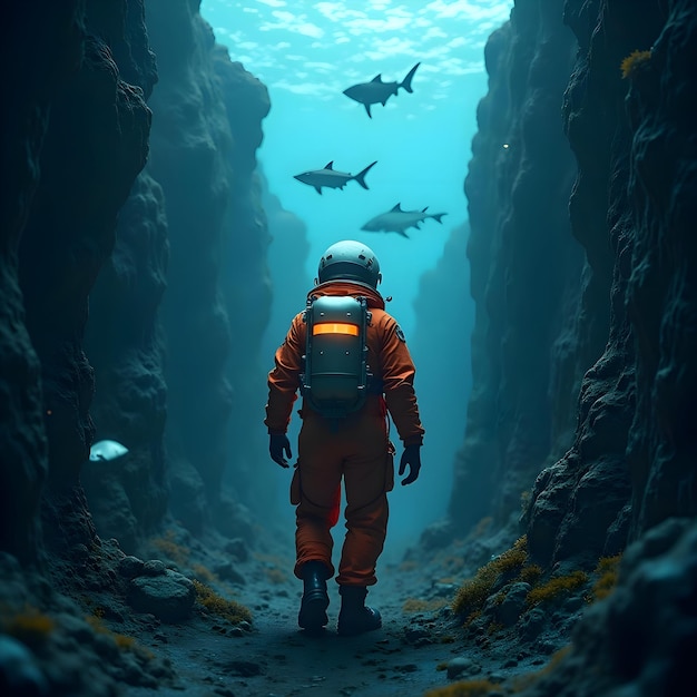 An astronaut in an orange spacesuit exploring an underwater environment with schools of fish swimmin