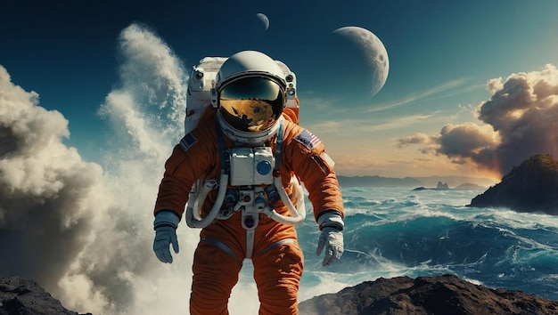 an astronaut in an orange suit is standing on a cliff with the ocean in the background