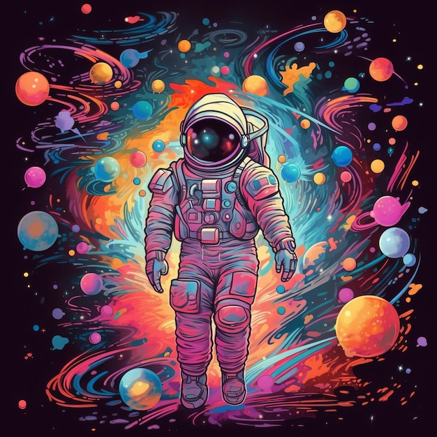 An astronaut in an orbit with colored stars