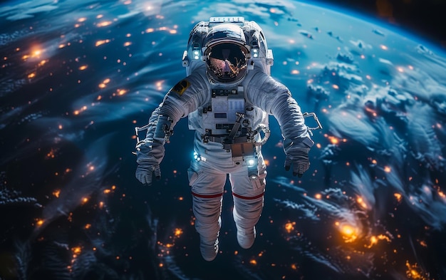 Astronaut in outer space against the backdrop of the planet earth