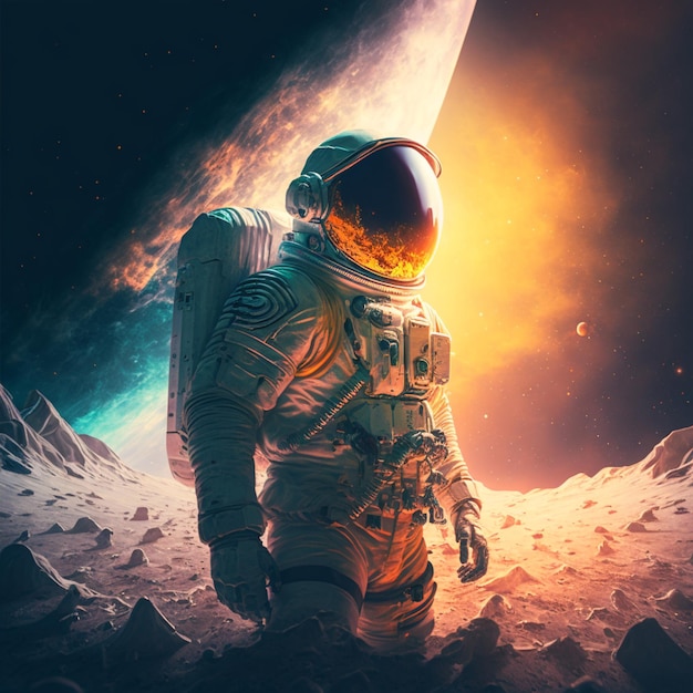 Astronaut in outer space with planet in background generative ai