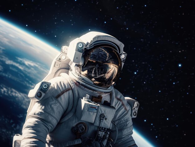 An astronaut in outer space with the planet earth in the background.