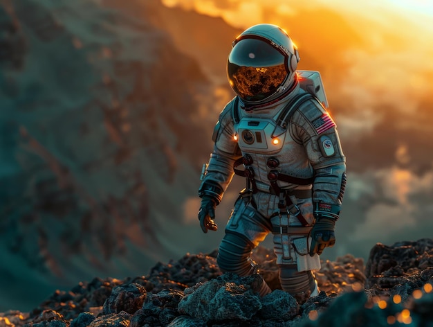 Astronaut overlooking sunset on alien terrain An astronaut gazes at a sunset on alien terrain symbolizing human curiosity and adventure