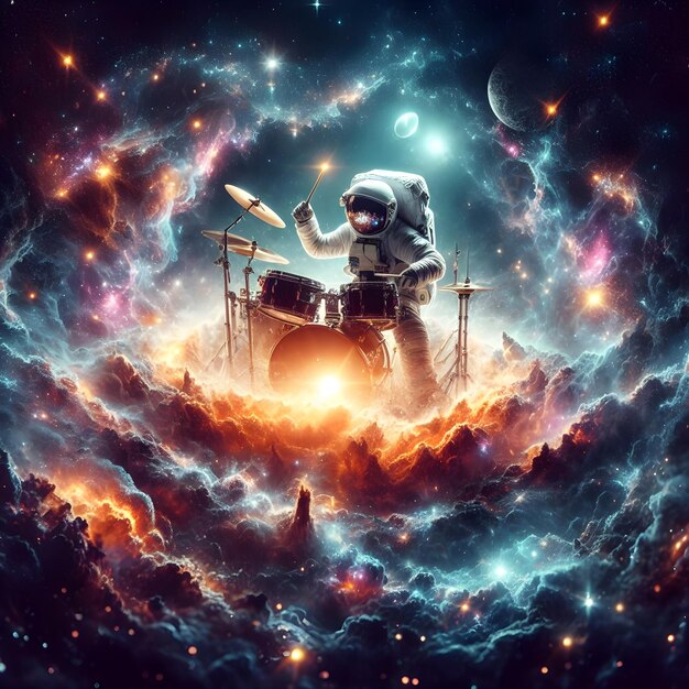 an astronaut passionately playing a drum in the vastness of space