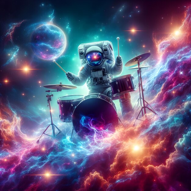 an astronaut passionately playing a drum in the vastness of space