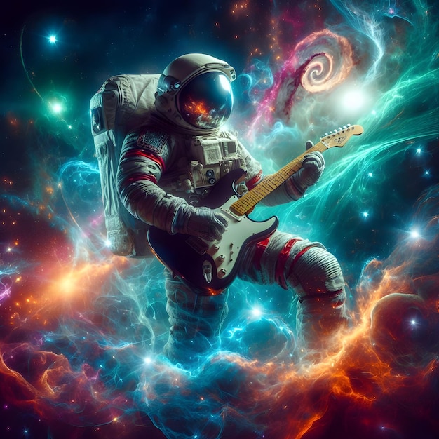 an astronaut passionately playing a guitar in the vastness of space