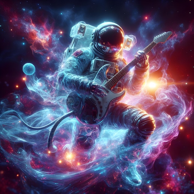 an astronaut passionately playing a guitar in the vastness of space