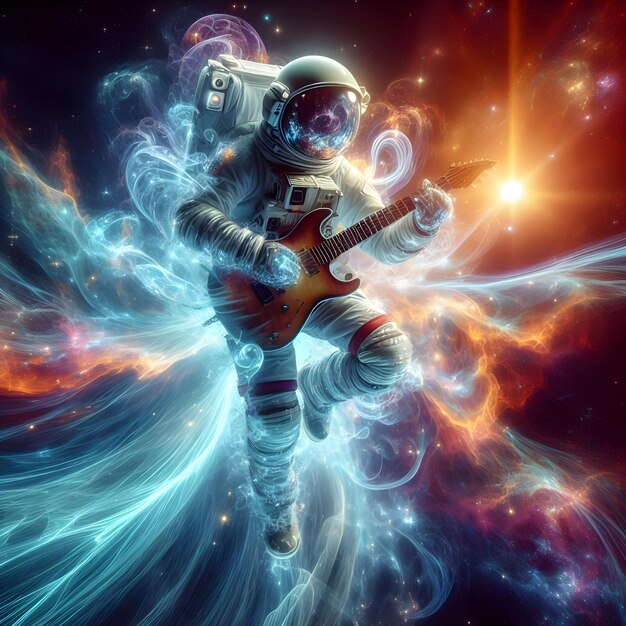 an astronaut passionately playing a guitar in the vastness of space