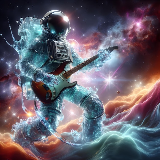 an astronaut passionately playing a guitar in the vastness of space