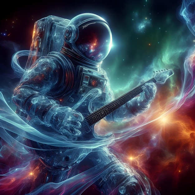 an astronaut passionately playing a guitar in the vastness of space