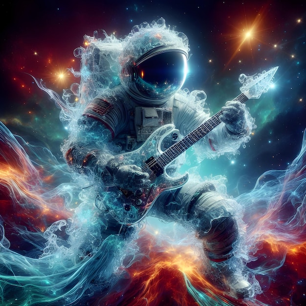 an astronaut passionately playing a guitar in the vastness of space