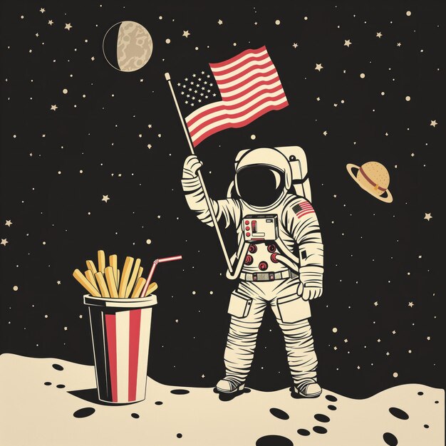 Astronaut plants American flag on moon fast food drink and fries float nearby in zero gravity