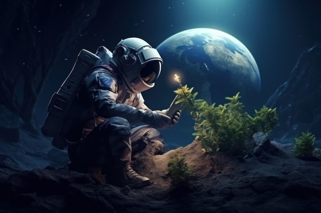 Astronaut plants seedlings of plants on the soil of another planet AI generative