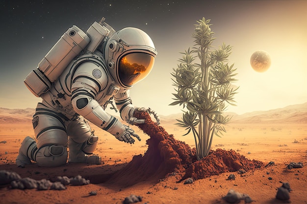 Astronaut Plants a Tree on some planet in the galaxy Future concept Generative AI