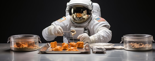 Photo an astronaut prepares food in a kitchen