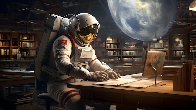 Astronaut reading a book in a cosmic library in another planet science fiction day concept