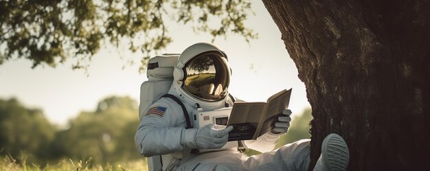 Photo astronaut reading a book in front of a tree