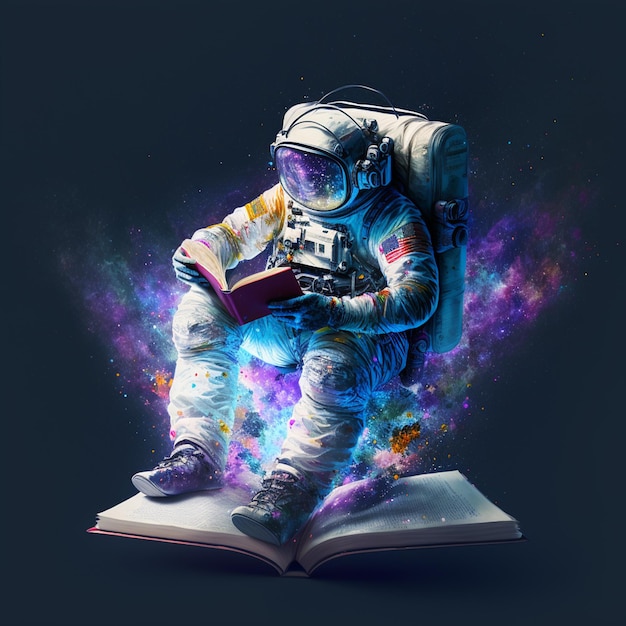 An astronaut reading a book with a purple background and a purple background.