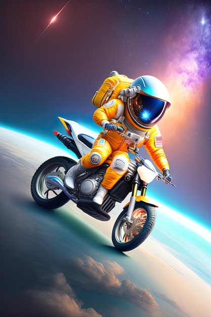 Astronaut riding a motorbike in space 3d illustration