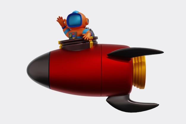 Astronaut riding rocket and waving hand science technology space adventure discovery 3D rendering