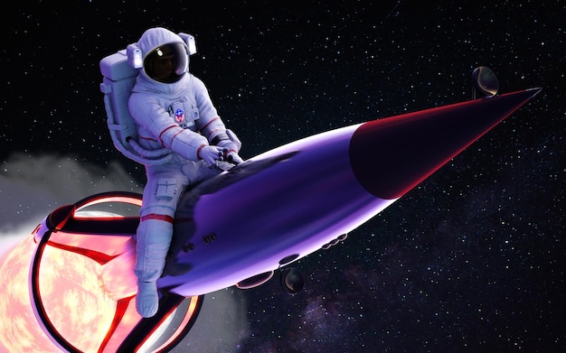 Astronaut riding a rocket with smoke through the cloud into the space with clipping path