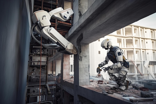 Astronaut and robot in an abandoned factory 3D rendering Futuristic AI robot handyman working on a construct AI Generated